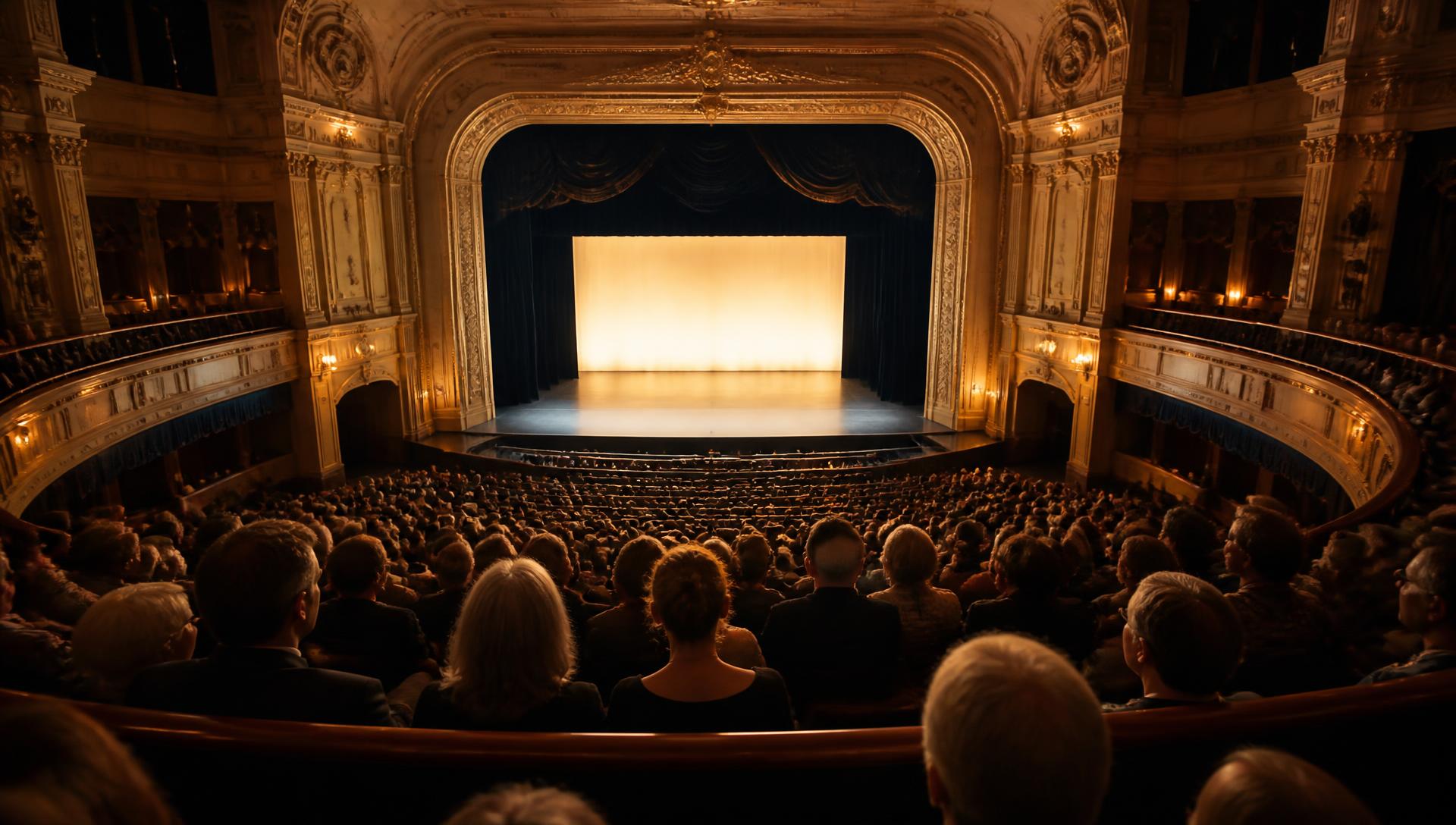 An audience seated in a historic theater before curtain