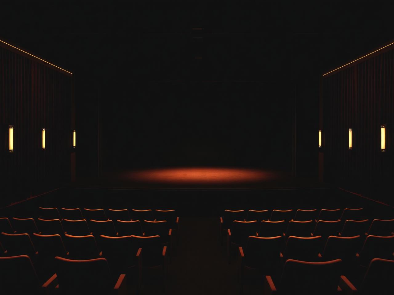 An intimate theater stage lit before an audience arrives