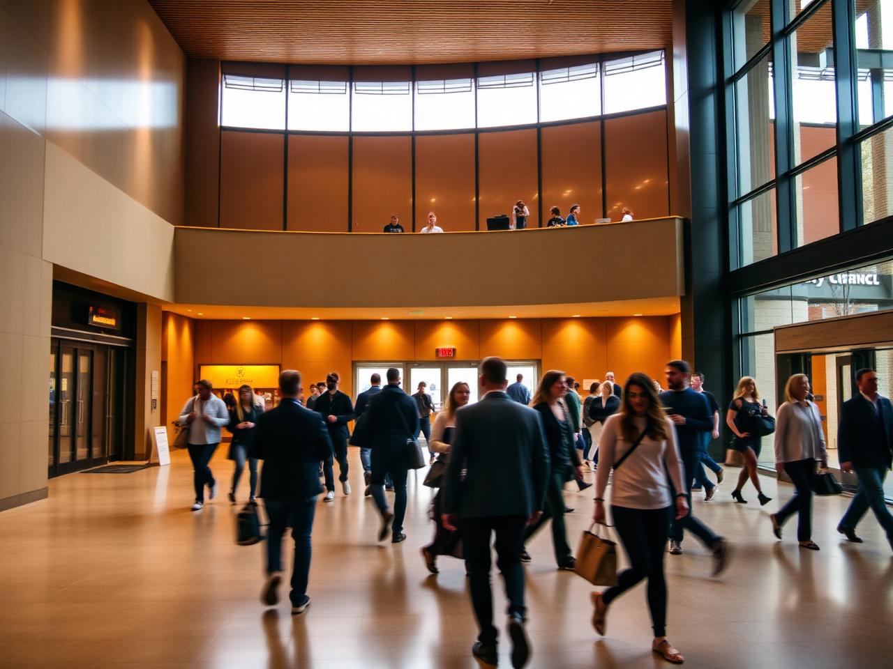 Attendees arriving in a performing arts center lobby before a show